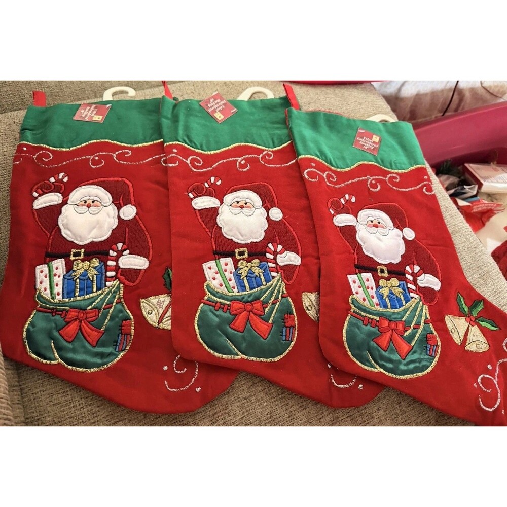 Vintage Lot Of 3 Santa Clause Red Velvet Embroidered Stockings 18”